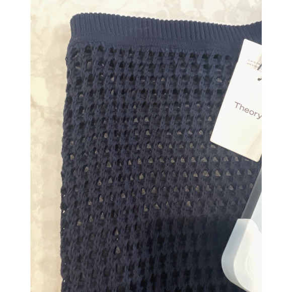 NWT Theory Women's Navy Blue Crochet Cotton Textured Knit Midi Pencil Skirt Sz L - Picture 7 of 16